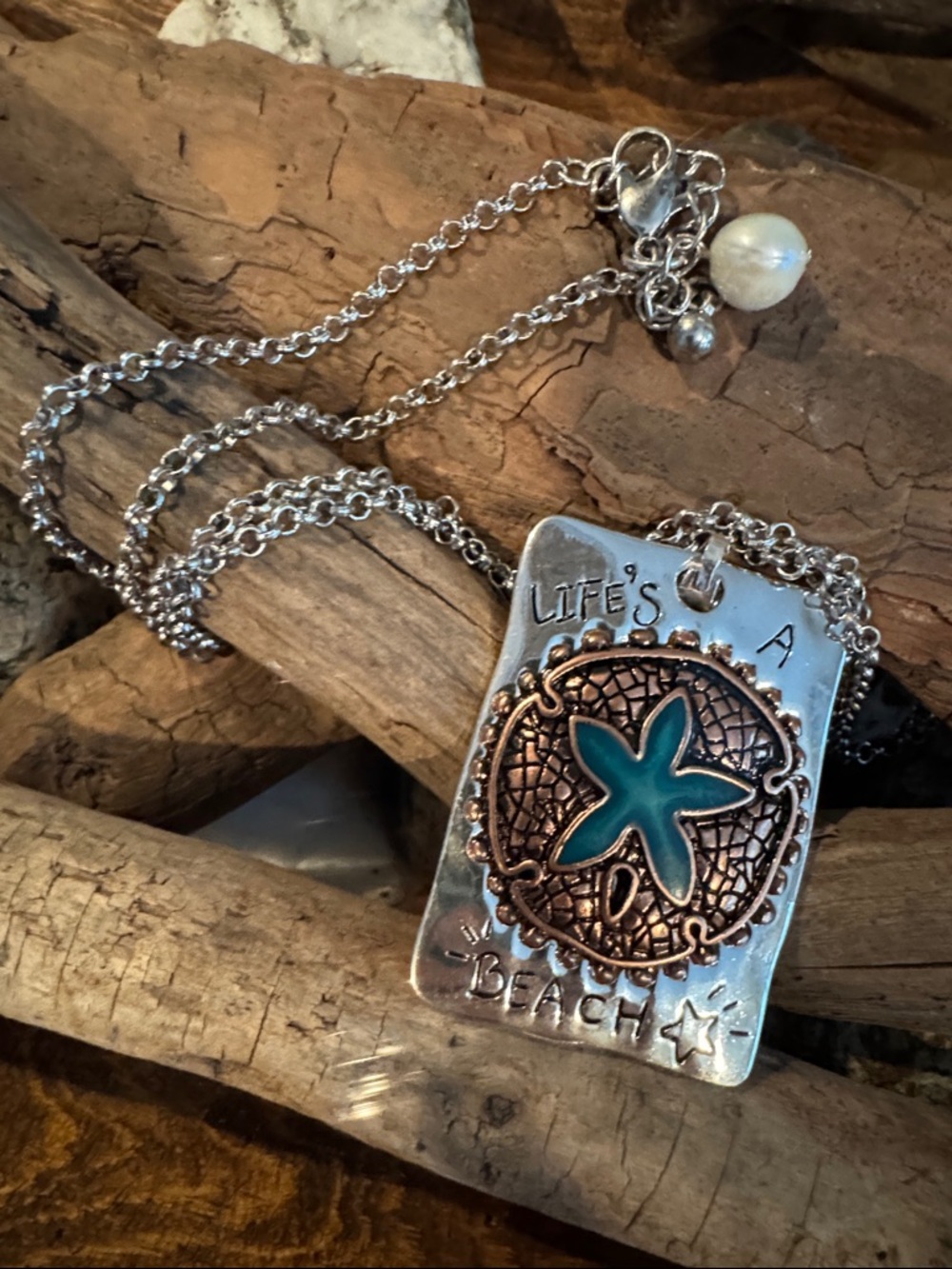 Necklace-Life's a Beach Starfish Pendant Necklace - Silver. Copper & Turquoise